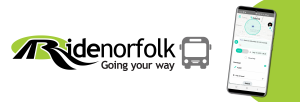 Ride Norfolk logo and smart phone with stop and end points on map