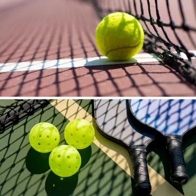 pickleball balls and paddle; tennis ball near net.