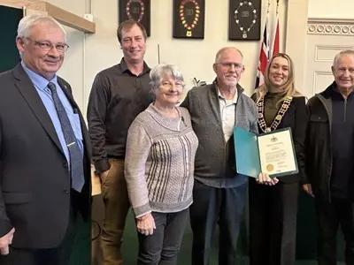 Councillor Van Paassen, Adam Biddle, Josiane DeCloet, Paul DeCloet, Mayor Amy Martin, and Ben DeCloet.