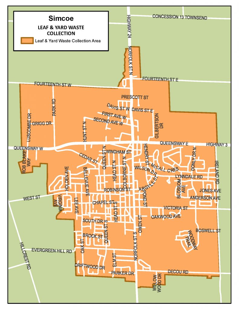 Map of leaf and yard waste areas in Simcoe