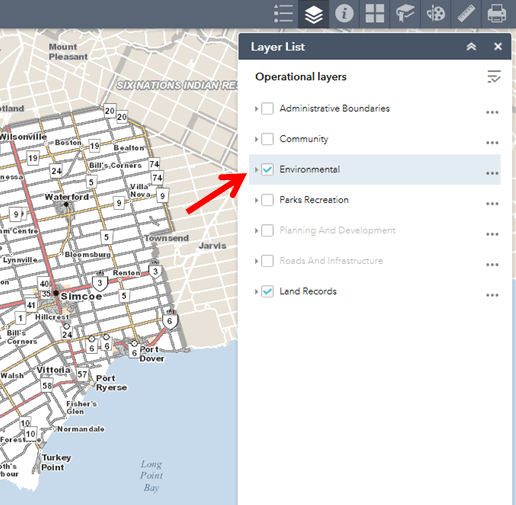 A screenshot of the mapping tool showing where to click to select the Environmental layer.