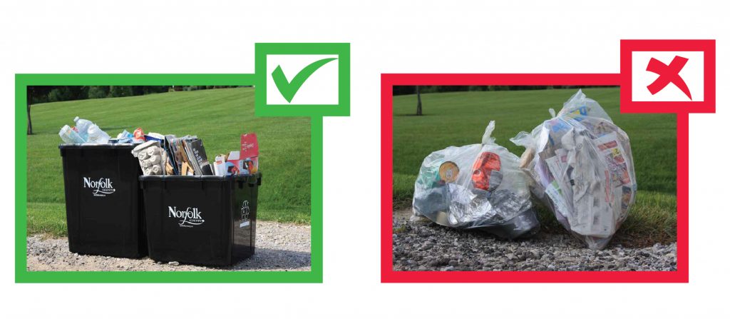 Image of how to properly recycle using the two sort system, versus the improper way of putting it in bags
